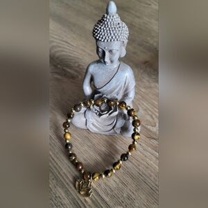 Tiger's Eye Beaded Bracelet with Lotus Charm
